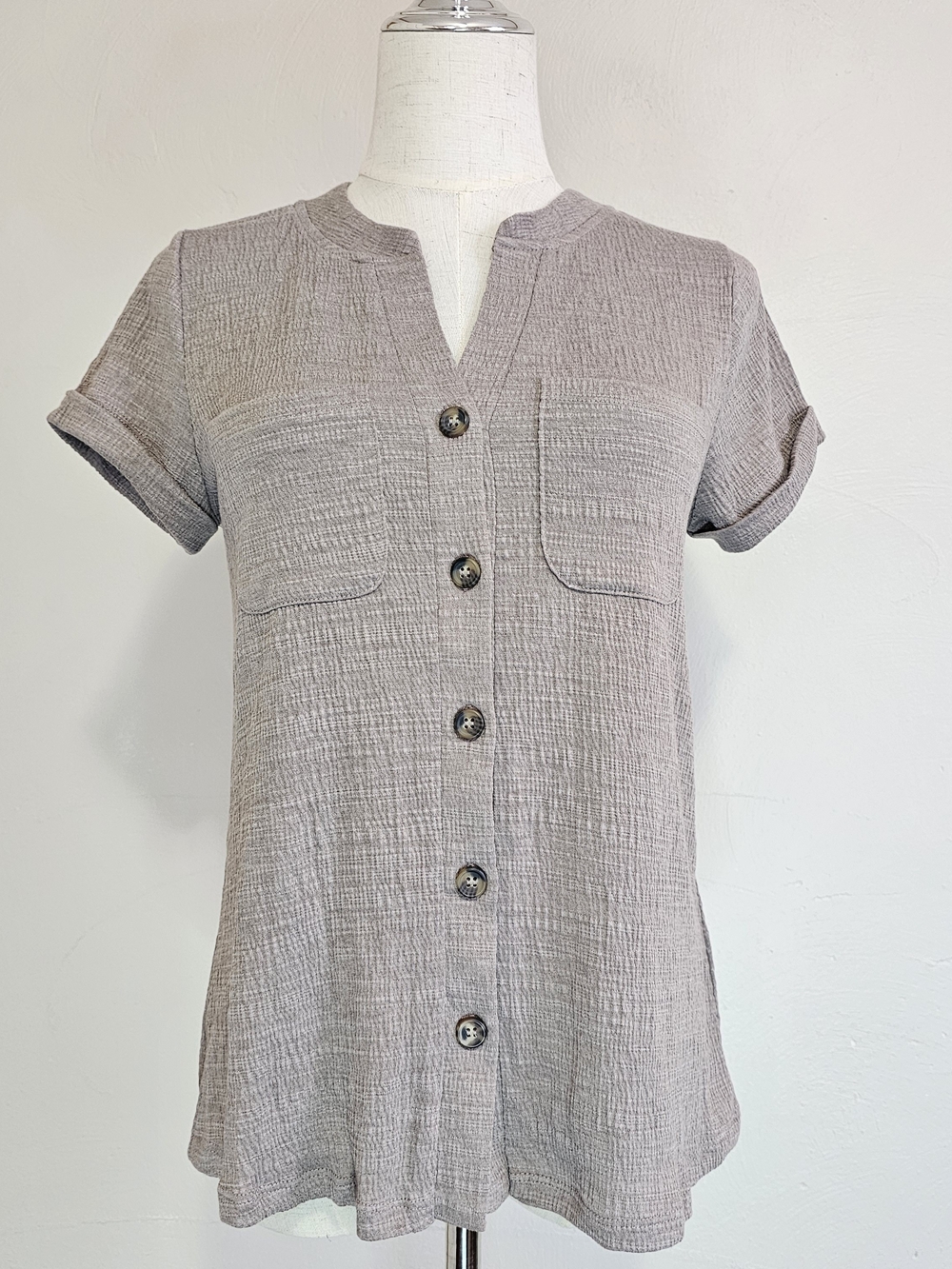 Cable & Gauge Taupe Textured Short-Sleeve Button Front Shirt Sz S